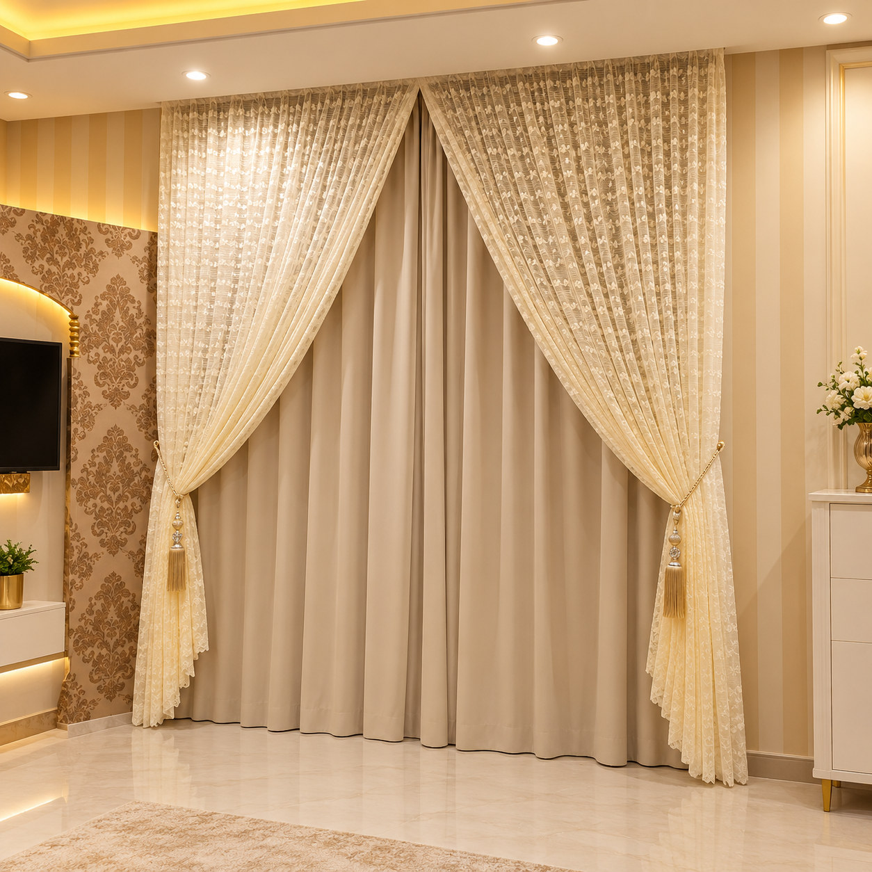 Elegant Layered Curtains in a Luxe Living Room Navona Designer Curtains - Image 1