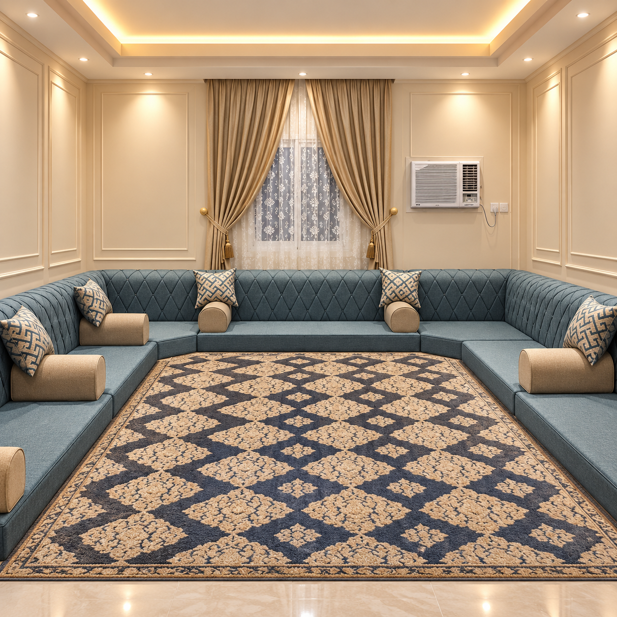Elegant Teal Majlis with Patterned Rug Result Majlis Seating - Image 1