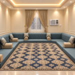 Elegant Teal Majlis With Patterned Rug