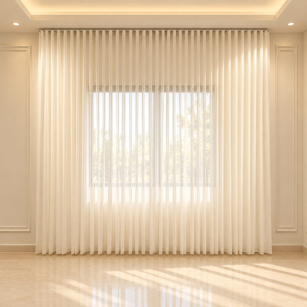 Ivory Pleated Curtains in Warm Modern Interior Daiki Studio Window Blinds - Image 1